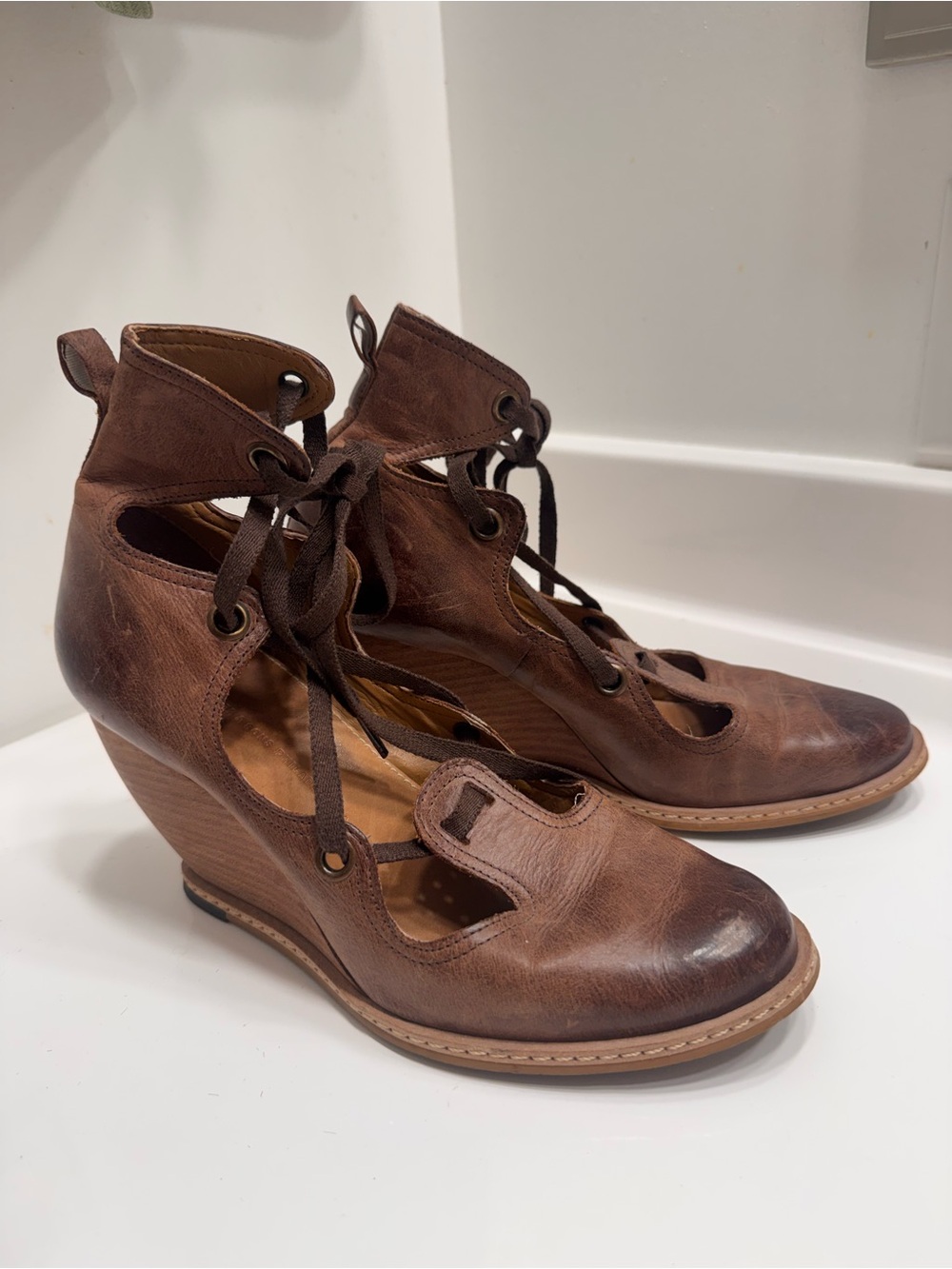 Schuler & Sons Philadelphia Anthro Women's Brown Leather Lace-Up Wedge Heels
